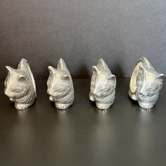 Vintage Set Of 4 Cat Shaped Napkin Rings Metal Table Decor Gift Ready - Picture 3 of 8